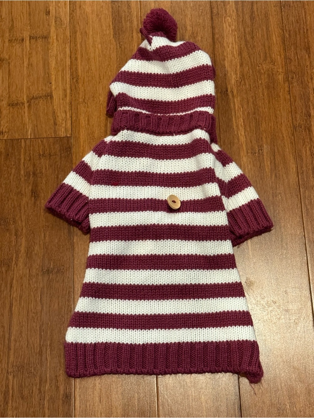 Striped Knit Hooded Dog Sweater - Burgundy & White